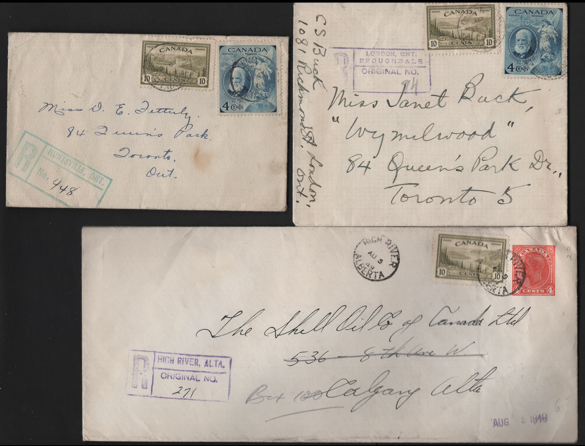 Lot 330 (C)Canada, 3 Fine/Very Fine Used Registered Covers, Sent Forom London On to Toronto, Huntsville On To Toronto and High River, AB to Calgary, AB