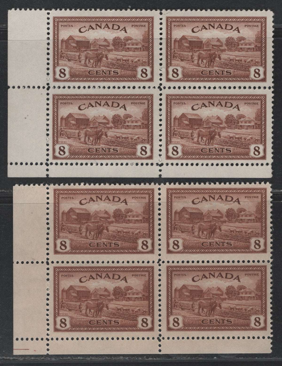 Lot 331 Canada (C)#268 8c Deep Red Brown - Bright Reddish Brown , 1946 KGVI Peace Issue, 2 F/VFNH LL Corner Blocks Of 4, CBN-IIIIIIII Paper, Cutting Guideline On One Block