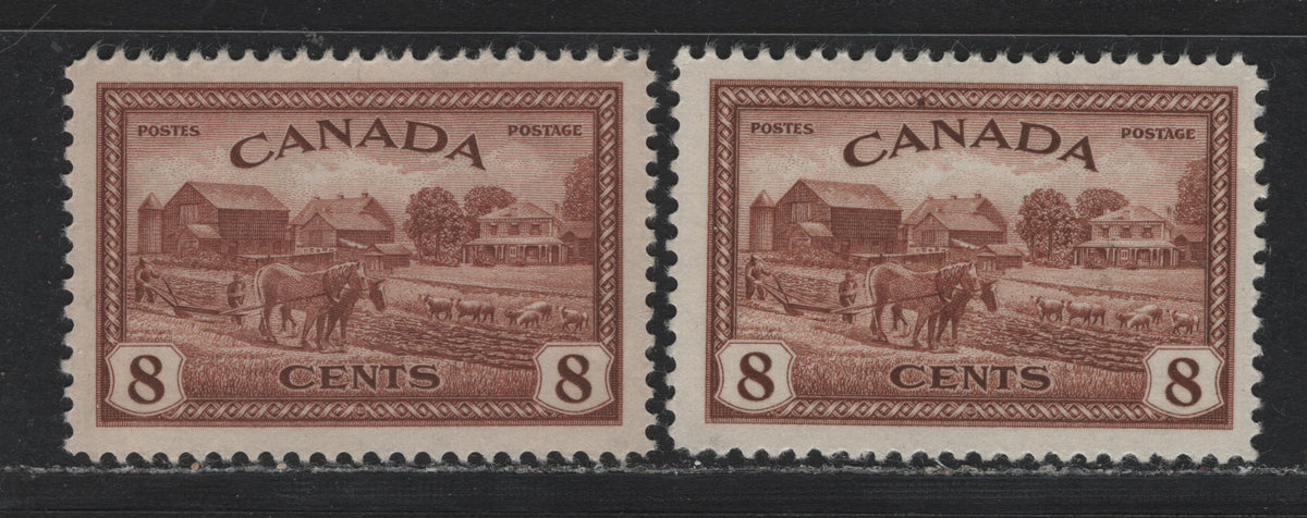Lot 334 Canada (C)#268 8c Brown - Red Brown , 1946 KGVI Peace Issue, 2 VFNH Singles, Different Printings, Showing Differences In Shade, Paper & Gum, CBN-XXXXXXX & CBN-DDDDDDD Papers.
