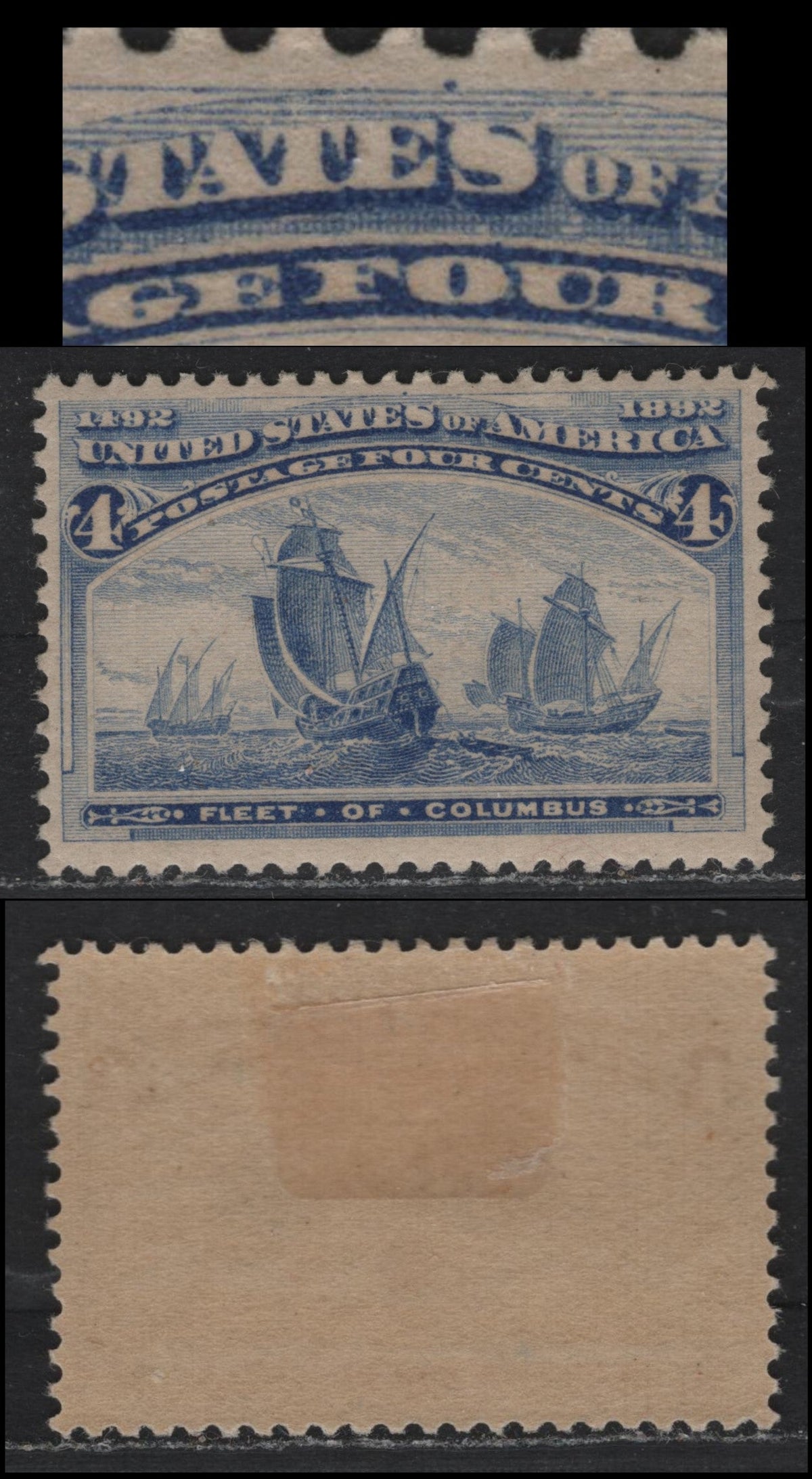 Lot 33 United States SC#233 4c Ultramarine , 1893 Columbian Exposition Issue, A VFOG Single, Plate Pos. Dot At Center On Upper Frameline