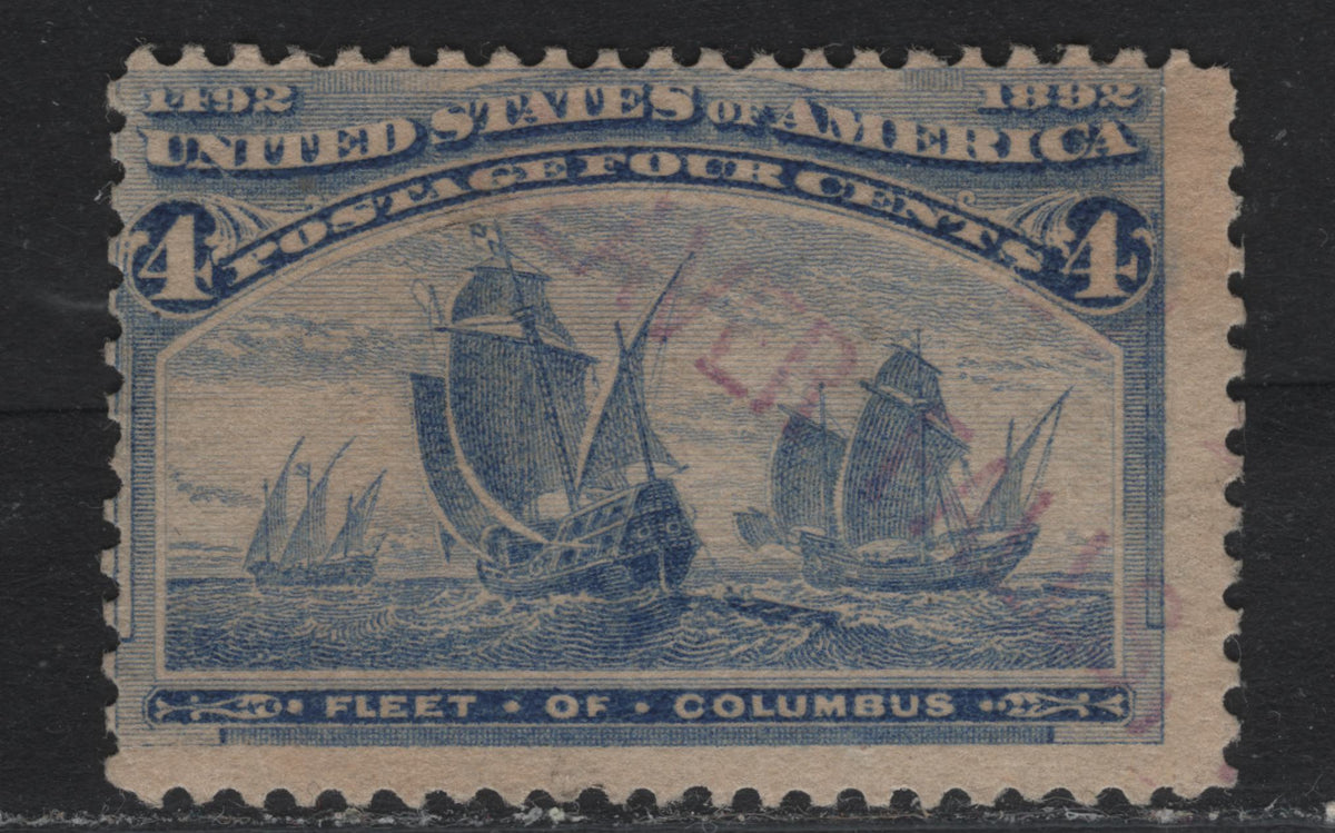 Lot 35 United States (C)SC#233 4c Ultramarine , 1893 Columbian Exposition Issue, A Fine Used Single, Straight Line Violet/Purple Beaver Falls Cancel, Colored Non-Standard Cancellations Like This Are Uncommon
