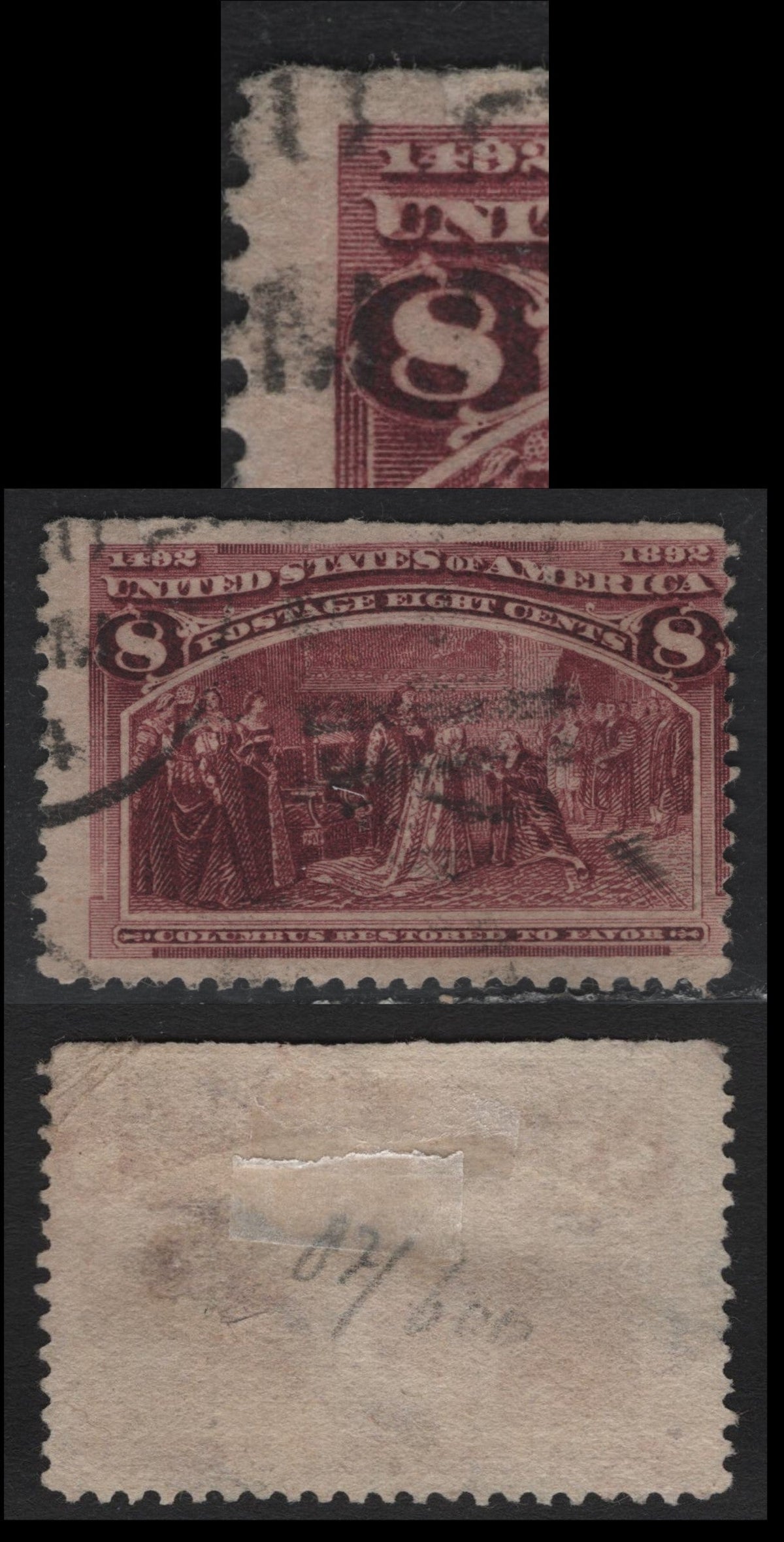 Lot 48 United States SC#236var 8c Deep Magenta , 1893 Columbian Exposition Issue, A Good Used Upper Sheet Margin Single, Showing Transient Inking Freak, Resulting In Shading Inside the U of United, Very Light Corner Crease.
