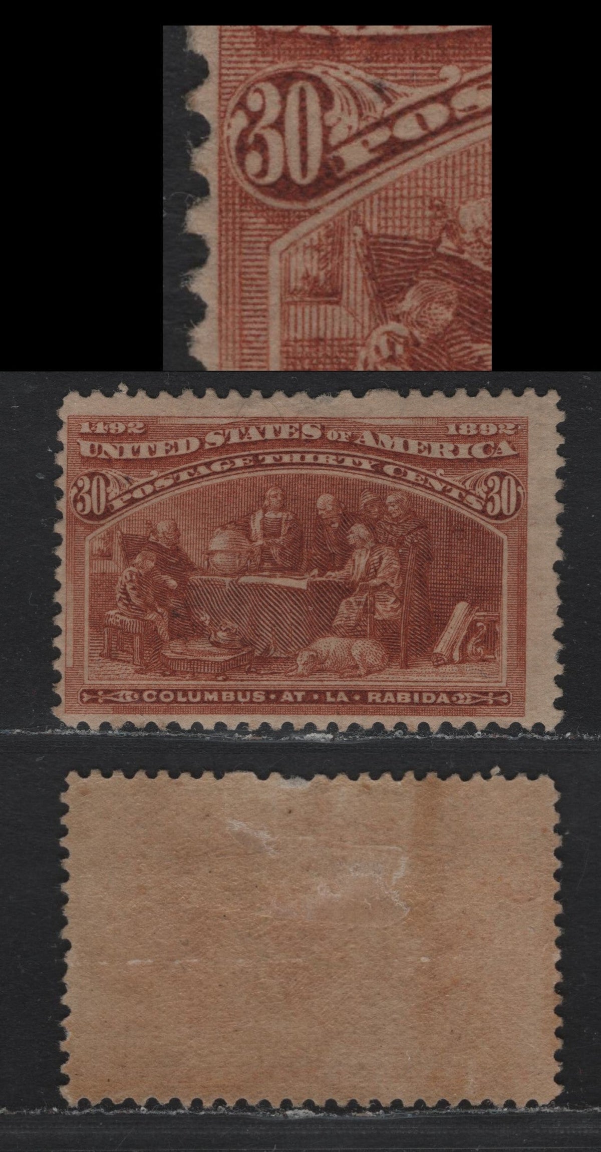 Lot 56 United States SC#239 30c Orange Brown , 1893 Columbian Exposition Issue, A Fine Regummed Single, Regummed, Diagonal White Line Enclosing The Serifs of the P of Postage