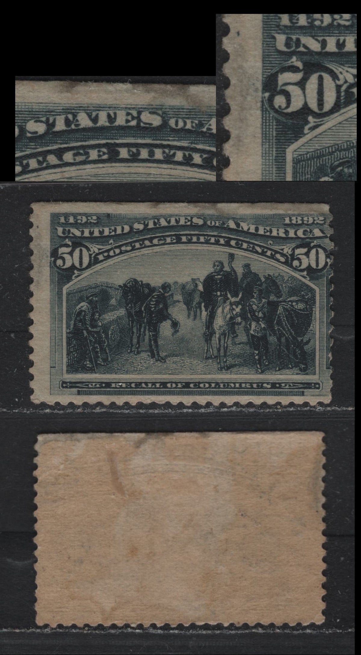 Lot 59 United States SC#240var 50c Dull Slate Blue , 1893 Columbian Exposition Issue, A VGOG Top Sheet Margin Single, Double Transfer Showing The Outer Left Frameline Opposite The Left Value Tablet Doubled & Extension of Vertical Shading Lines
