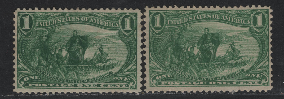 Lot 64 United States SC#285 1c Deep Green - Green , 1898 Trans-Mississippi Issue, 2 VFOG Singles, Sideways & Sideways-Inverted & Reversed Wmks