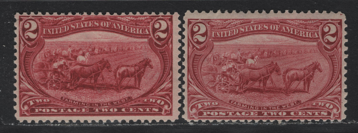 Lot 69 United States (C)SC#286 2c Copper Red - Deep Copper Red , 1898 Trans-Mississippi Issue, 2 FOG Singles, Sideways Inverted-Reversed & Sideways Reversed Wmks