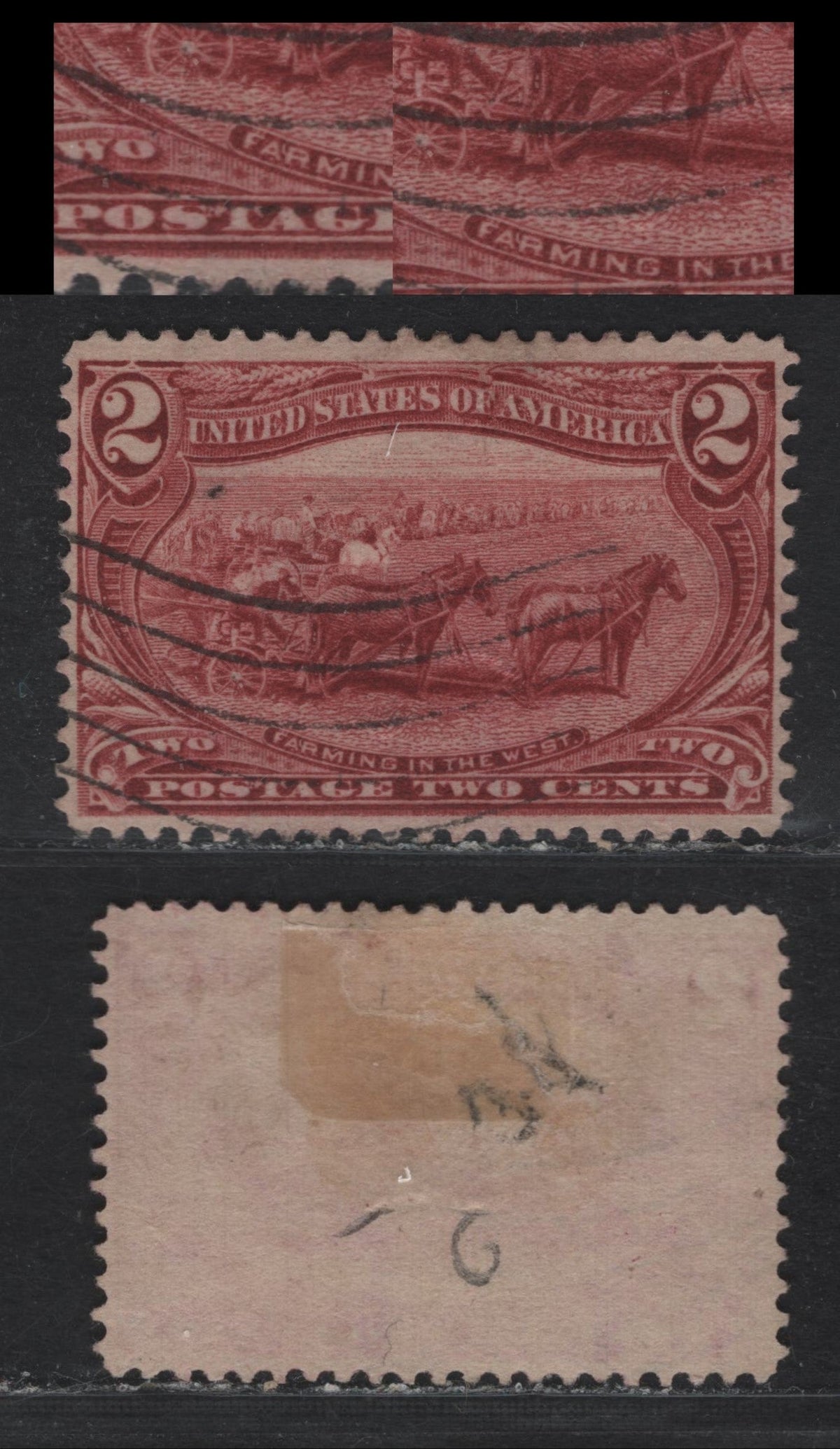 Lot 72 United States SC#286var 2c Copper Red , 1898 Trans-Mississippi Issue, A Very Fine Used Single, Sideways Wmk, Showing White Die Flaws between S & T of Postage & Around The Word 'Farming'