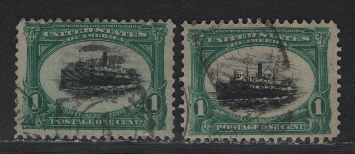 Lot 96 United States SC#294 1c Dark Blue Green 7 Black , 1901 Pan-American Exposition Issue, 2 Fine/Very Fine Used Singles, Upright Wmk, Showing Vignette Shifted Upward