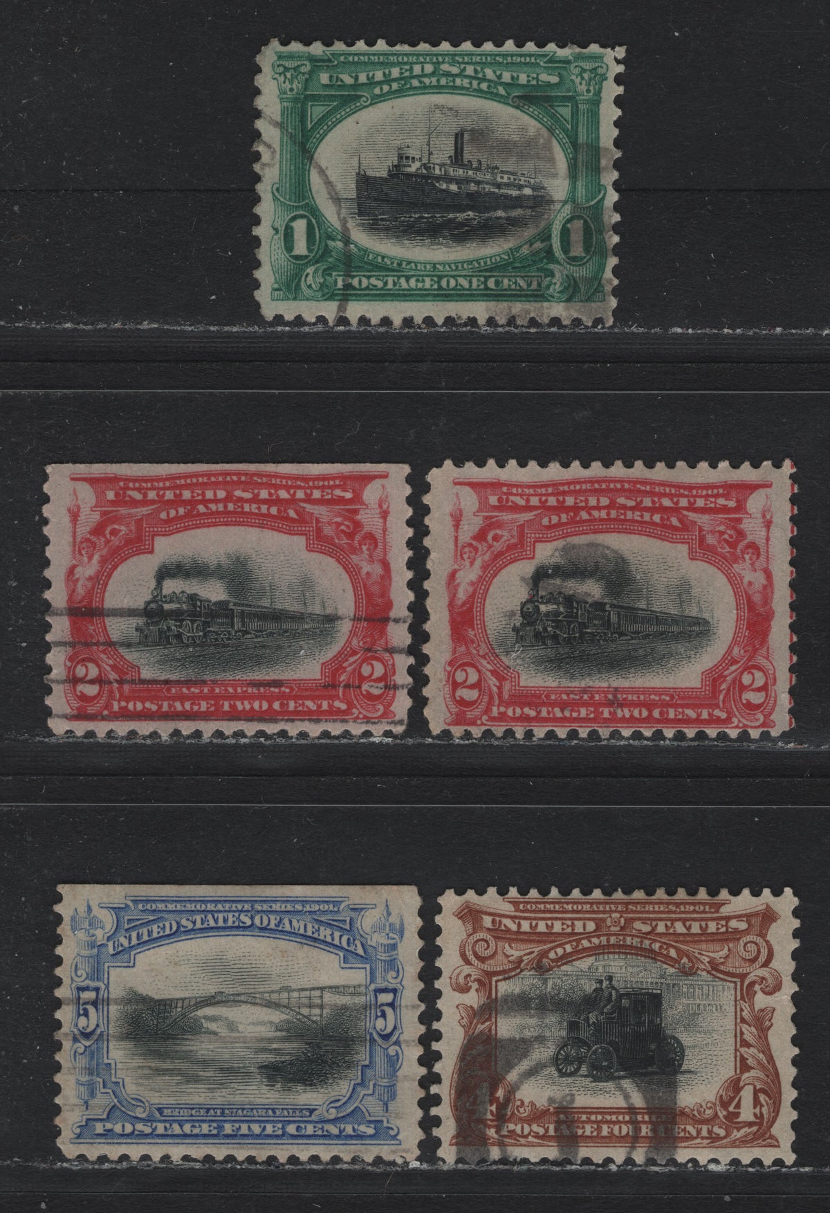 Lot 98 United States SC#294-297 1c - 5c Deep Blue Green & Black - Ultramarine & Black , 1901 Pan-American Exposition Issue, 5 Very Fine Used Singles, Upright Wmk, Two Shades Of Rose Carmine On 2c Stamps