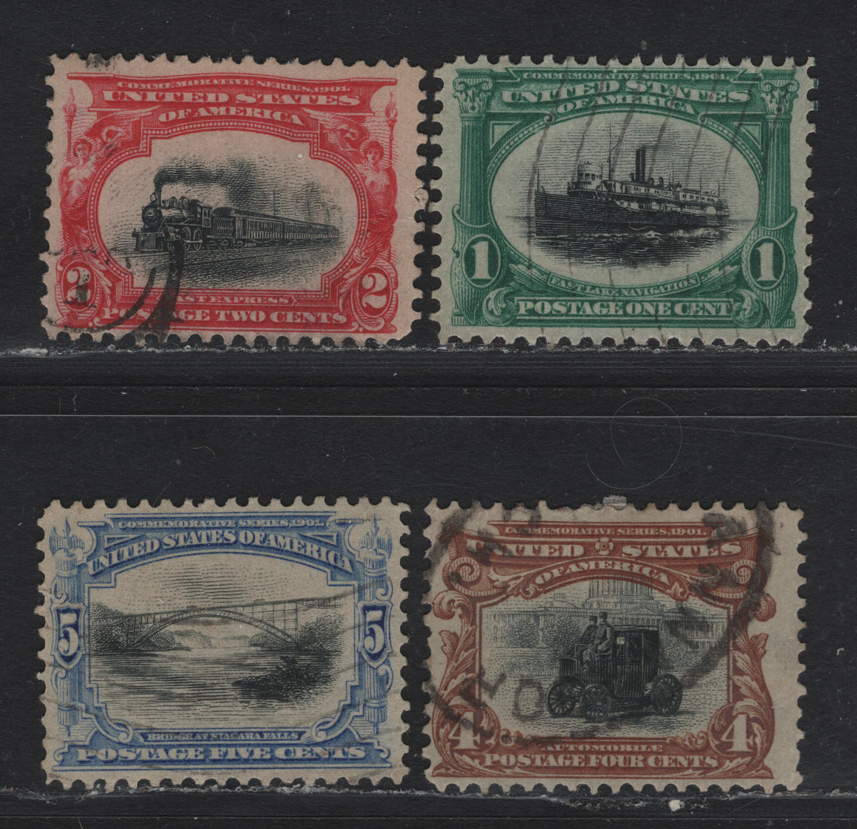 Lot 99 United States SC#294-297 1c - 5c Deep Blue Green & Black - Deep Ultramarine & Black , 1901 Pan-American Exposition Issue, 4 Fine/Very Fine Used Singles, Inverted Wmks, The 4c Has An Oval Ann Arbour Michigan Cancel