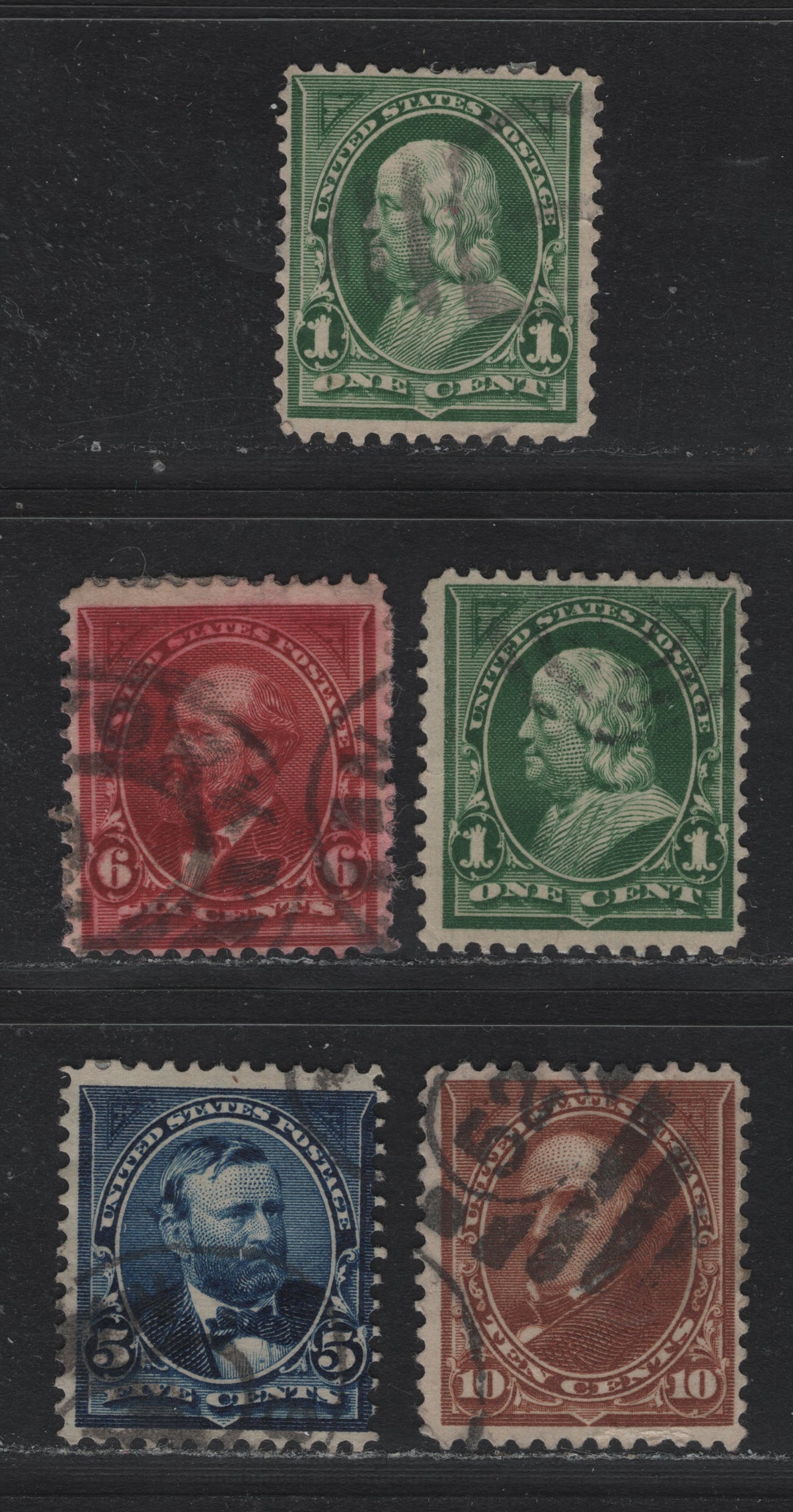 Lot 180 United States (C)SC#279, 281-282,c 1c -10c Green - Brown , 1897-1903 1st Bureau With New Color Issue, 5 Fine Used Singles, Brown Type 1, Normal Wmks On Most, Sideways On 5c & 6c.