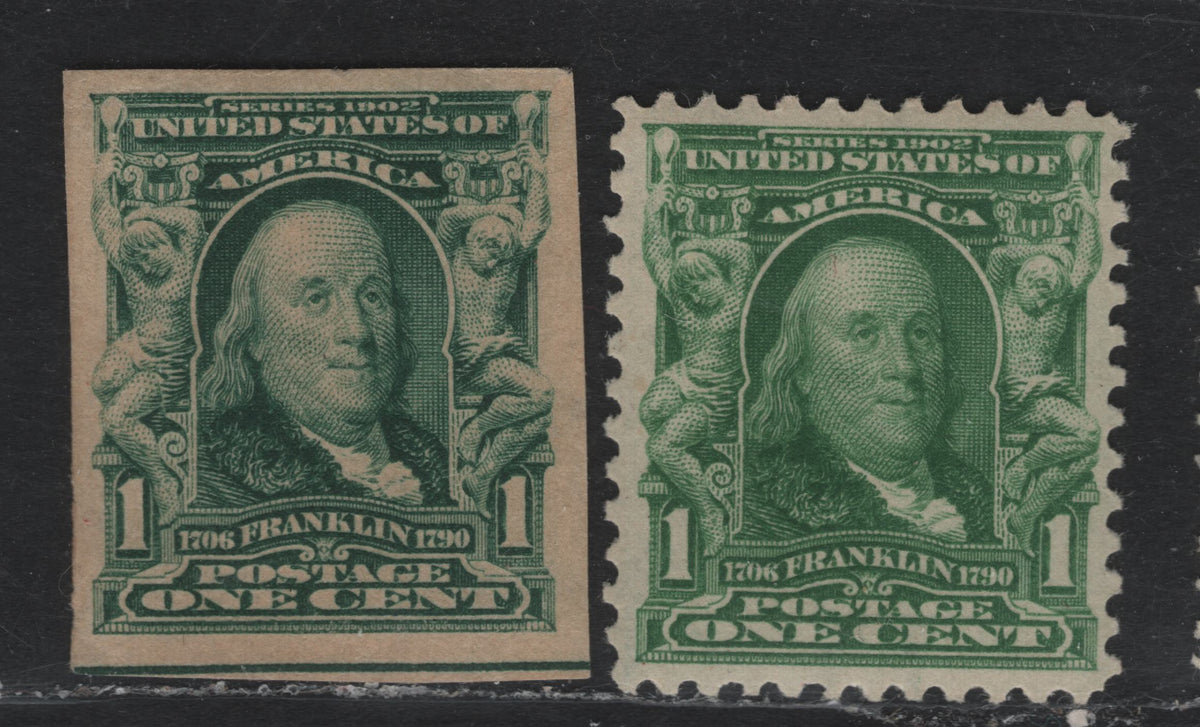 Lot 18 United States SC#300, 314 1c Blue Green - Green , 1902-1903 2nd Bureau Issue, 2 VFOG Singles, Blue Green Imperf, Green Perforated, Upright Wmk