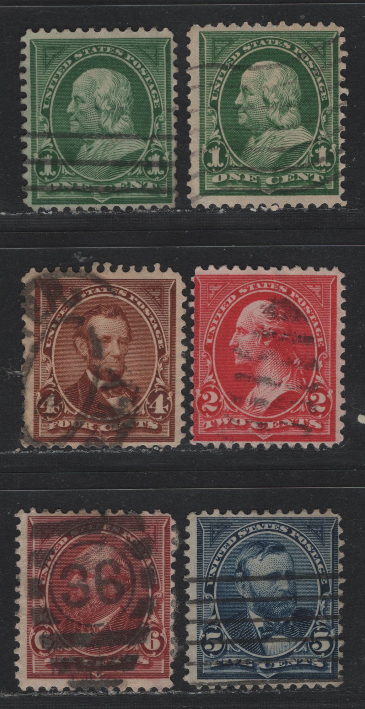Lot 183 United States (C)SC#279,b, 280b, 281-282 1c - 6c Green - Lake Brown , 1897-1903 1st Bureau With New Color Issue, 6 Fine Used Singles, Inverted (1c & 2c) or Sideways Inverted (rest) Wmks