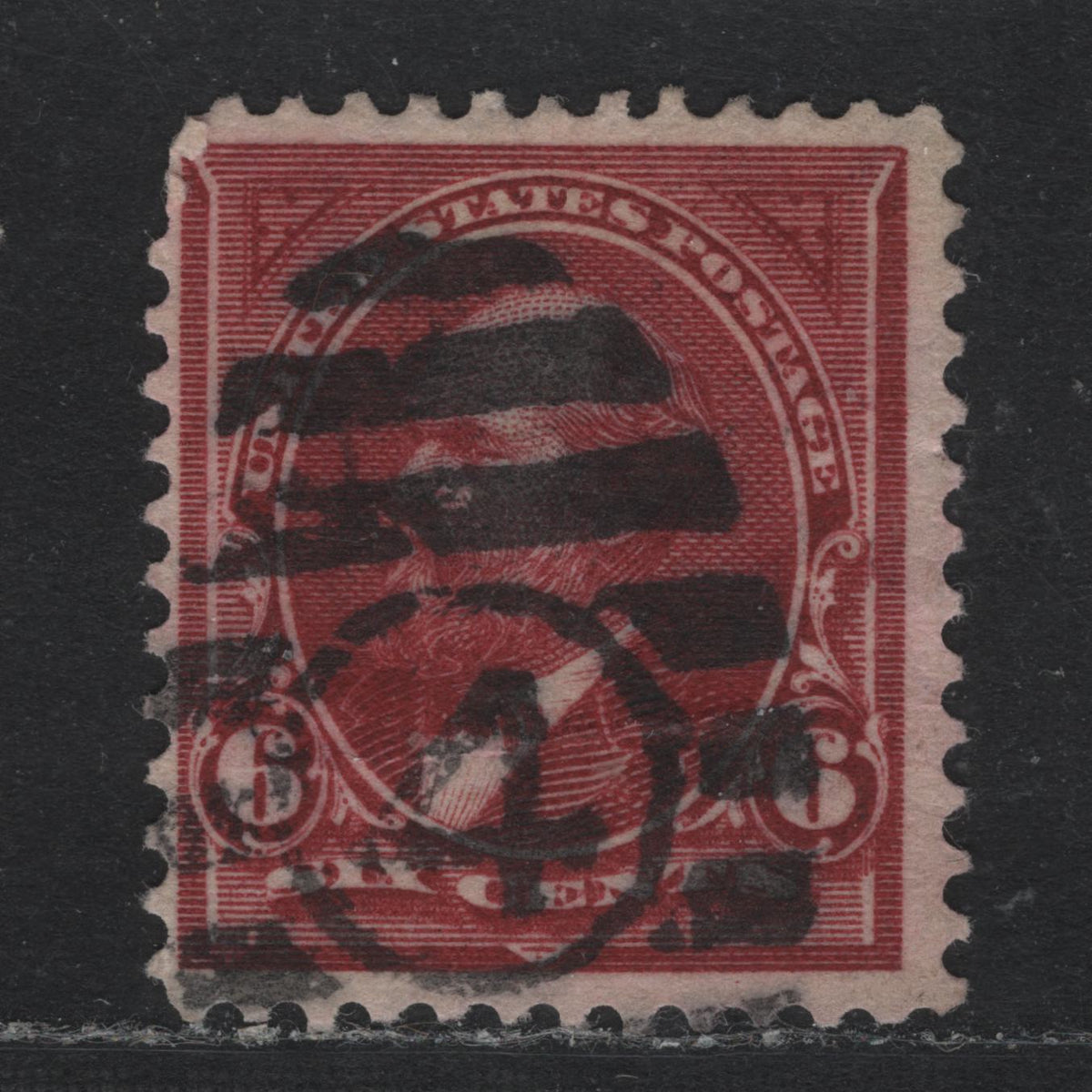 Lot 187B United States SC#282a 6c Purple Lake , 1897-1903 1st Bureau With New Color Issue, A Fine Used Single, Sideways Reversed Wmk, SON Strike #4 Barred Numeral Cancel, For Boston, MA.