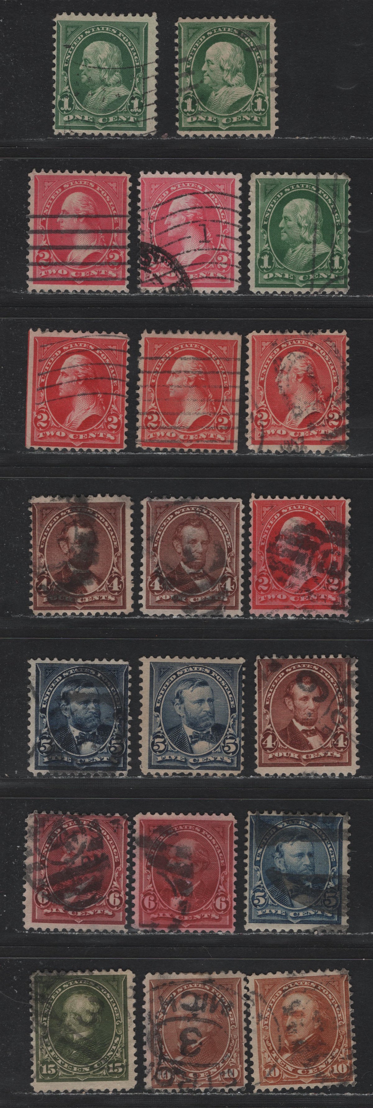 Lot 188 United States (C)SC#279,b,bd,bf, 280a, 281, 282-a, 283-a, 284 1c - 15c Green - Olive Green , 1897-1903 1st Bureau With New Color Issue, 20 Fine Used Singles, 2c Type 4, 10c Type 2, Reversed Or Sideways-Reversed Wmks