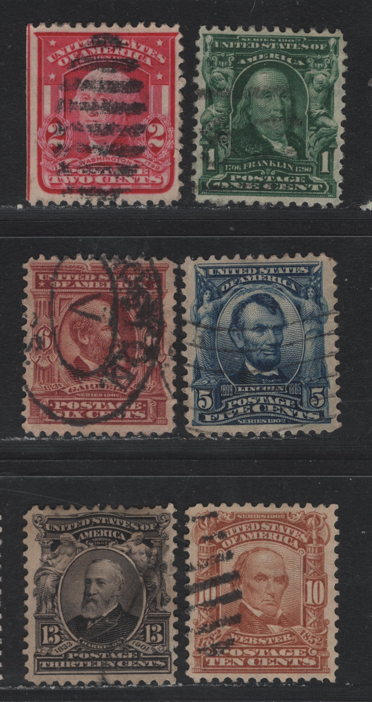 Lot 191 United States SC#300, 304-305, 307-308, 319 1c - 13c Deep Green - Purple Black , 1902-1903 2nd Bureau Issue, 6 Very Fine Used Singles, Normal USPS Wmk