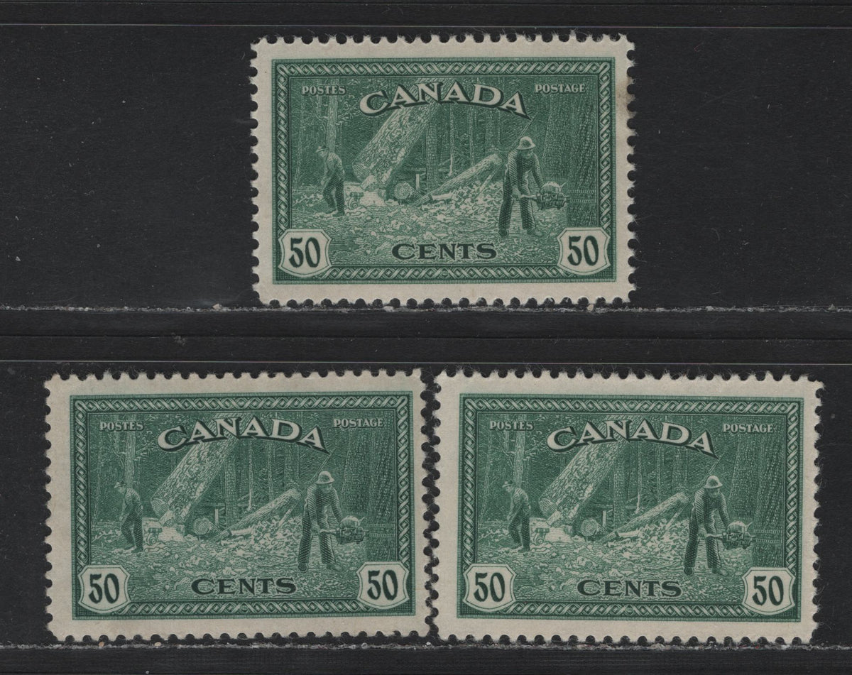 Lot 217 Canada #272 50c Light Blue Green , 1946 KGVI Peace Issue, 3 F/VFOG Singles, Three Different Paper Types; Opaque, Semi Translucent & Translucent, CBN-OOOOOOOO, Perf 12, CBN-PPPPPPPP Perf 11.9x12 & CBN-QQQQQQQQ Perf 11.9x11.95
