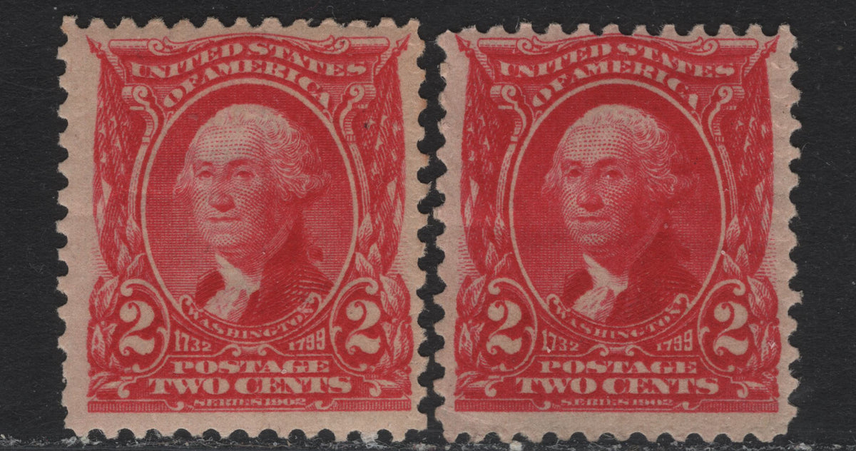 Lot 22 United States SC#301 2c Scarlet & Carmine , 1902-1903 2nd Bureau Issue, 2 FOG Singles, Inverted Wmk