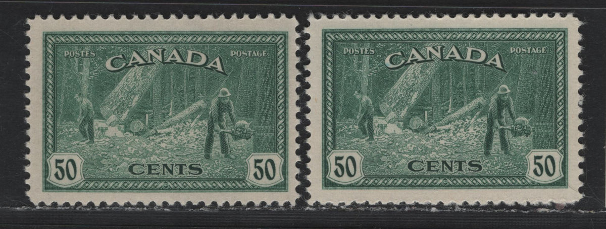 Lot 221 Canada #272 50c Dull Bluish Green - Deeper Dull Bluish Green , 1946 KGVI Peace Issue, 2 F/VFOG Singles, CBN-DDDDDDDD & CBN-SSSSSSSS Papers, Perf 11.9x11.8 & 11.9