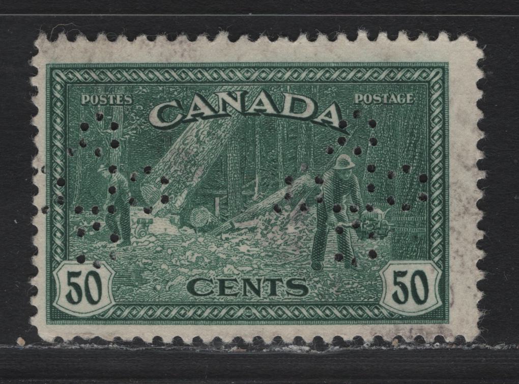 Lot 228 Canada #272 50c Dull Bluish Green , 1946 KGVI Peace Issue, A Fine Used Single, Quebec Liquor Commission Perfin