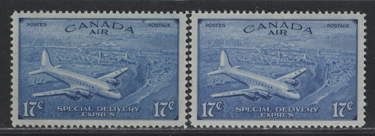 Lot 244 Canada #CE3 17c Bright Blue & Bright Ultramarine , 1946 Airmail Special Delivery Issue, 2 VFNH/OG Singles, CBN-XXXXXXXX Papers, Perf 11.9