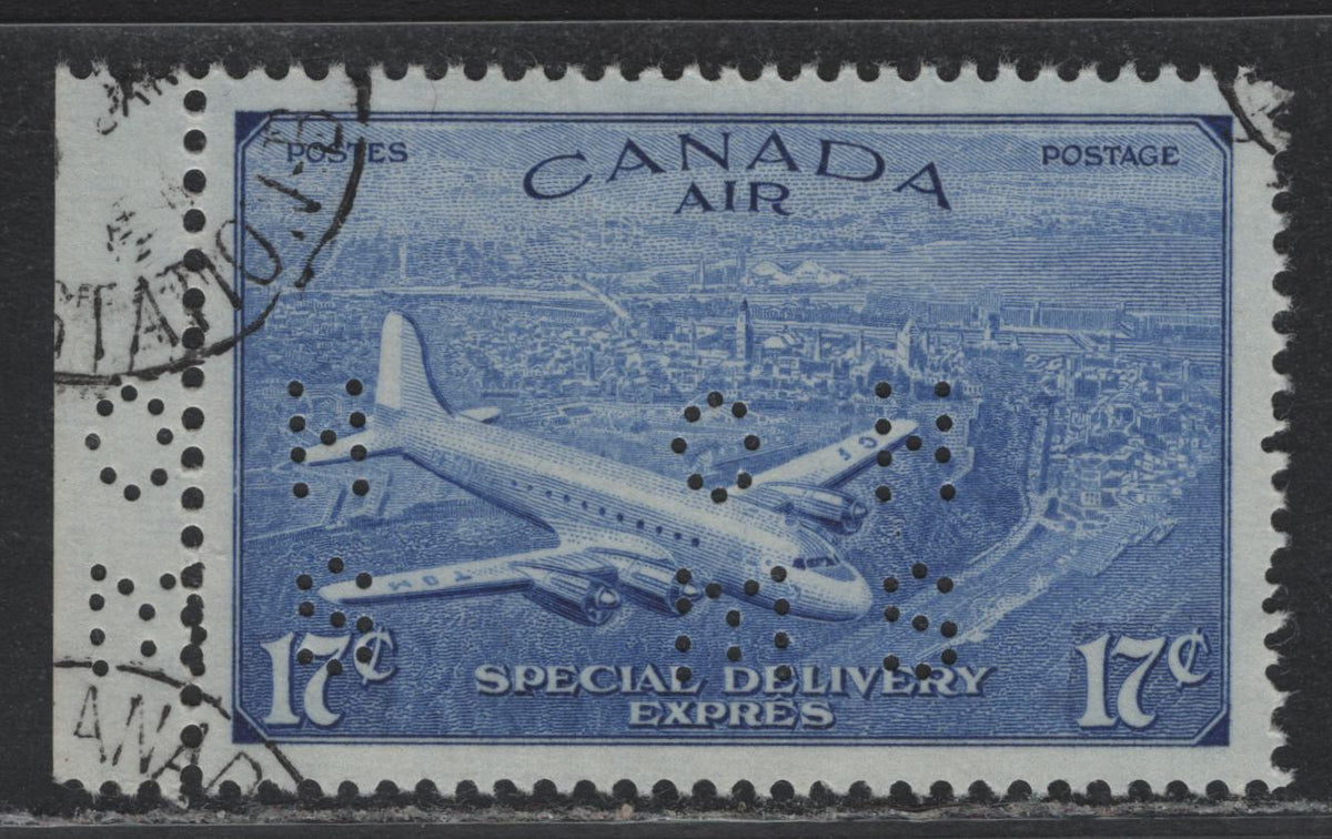 Lot 246 Canada #O9-CE3 17c Ultramarine , 1946 Airmail Special Delivery Issue, A Very Fine Used Single, Incorrect Accent, 4-Hole OHMS Perfin, Position 1.