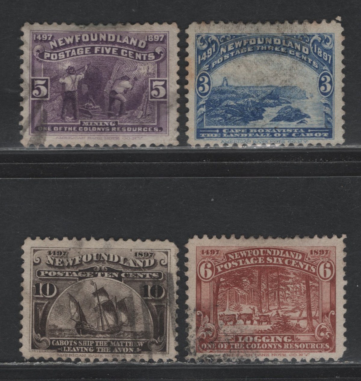 Lot 270 Newfoundland #63, 65-66, 68 3c Ultramarine - 10c Black brown , 1897 Discovery Of Newfoundland Issue, 4 F & VF Used Singles All Are On Horizontal Wove, Except The 6c, Which Is Vertical Wove