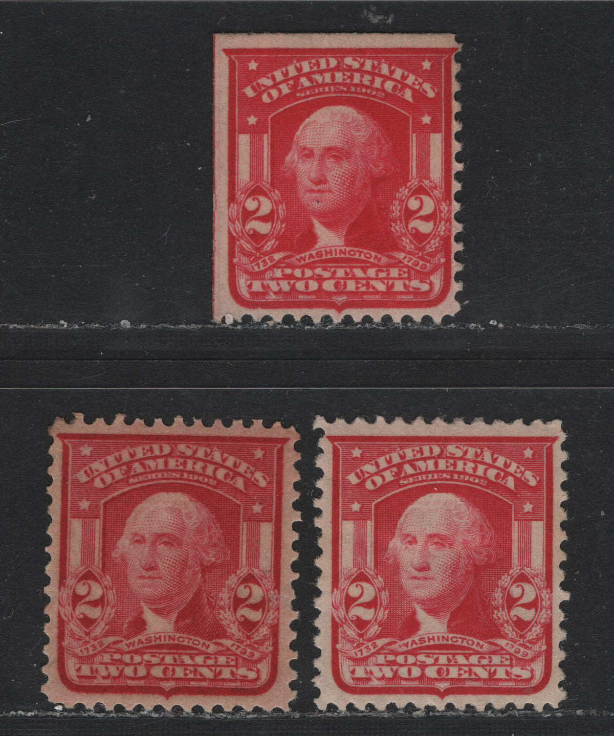 Lot 27 United States SC#319b,c,f 2c Carmine Rose, Scarlet & Lake , 1902-1903 2nd Bureau Issue, 3 VFOG Singles, Type 2 (Lake) & Type 1, Reversed Wmk, Scarlet Stamp Has A Large Adhesion On the Back.