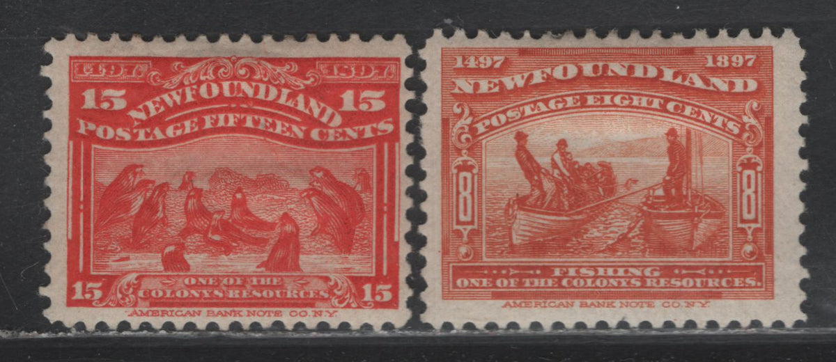 Lot 272 Newfoundland #67, 70 8c Orange, 15c Scarlet , 1897 Discovery Of Newfoundland Issue, 2 FOG Singles Both On Vertical Wove Paper