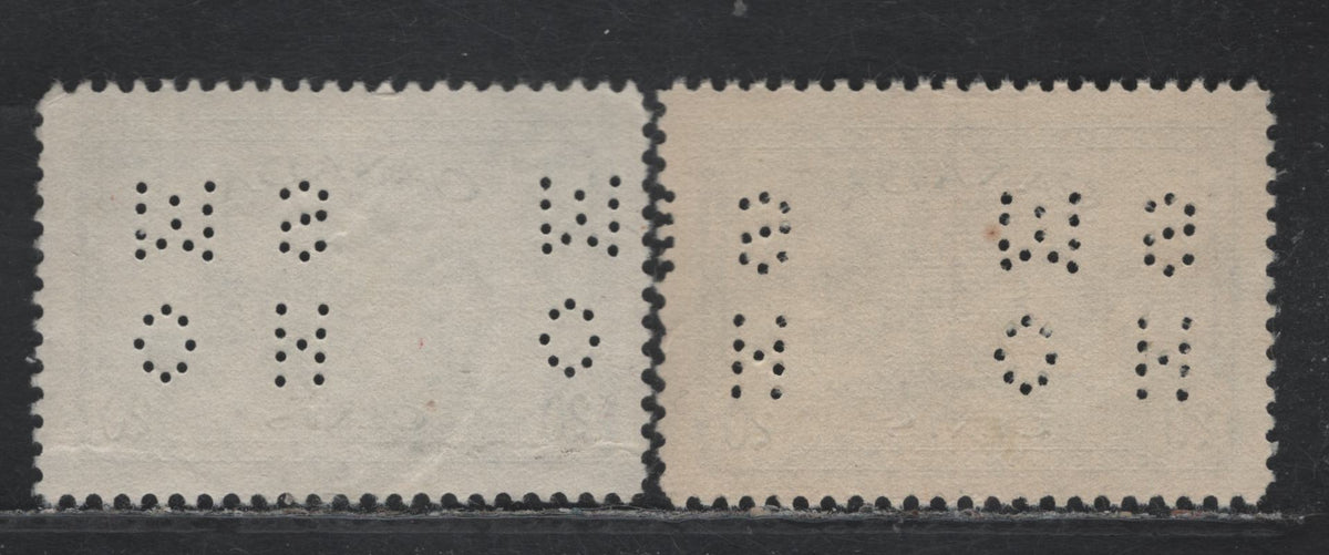 Lot 277 Canada #O9-271-O10-271 20c Greenish Slate, 1946 King George VI Peace Issue, 2 F & VF Used Singles With OHMS Perfin From Original Die & Revised Die, Pos. 3