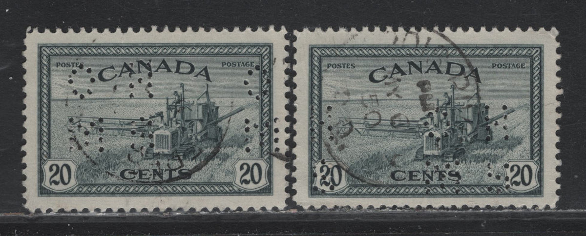 Lot 278 Canada #O9-271-O10-271 20c Greenish Slate, 1946 King George VI Peace Issue, 2 Very Fine Used Singles With OHMS Perfin From Original Die & Revised Die, Pos. 1