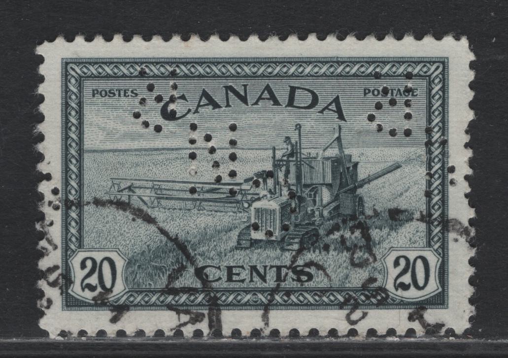 Lot 280 Canada (C ) #271 20c Greenish Black, 1946 King George VI Peace Issue, A Very Fine Used Single With CNR Perfin From Position 3 On Ribbed Paper