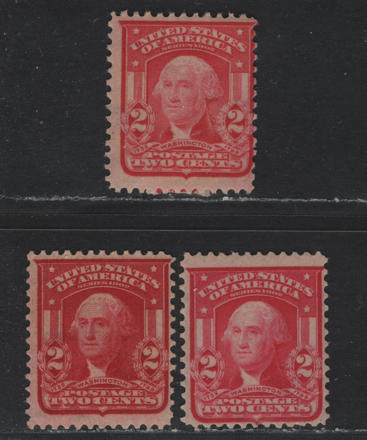 Lot 28 United States SC#319c,fi 2c Scarlet, Dull Scarlet & Carmine , 1902-1903 2nd Bureau Issue, 3 FOG Singles, Type 2 (Carmine) & Type 1, Reversed Wmk