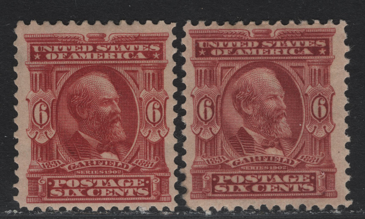 Lot 40 United States SC#305 6c Claret , 1902-1903 2nd Bureau Issue, 2 FOG Singles, Normal Wmk