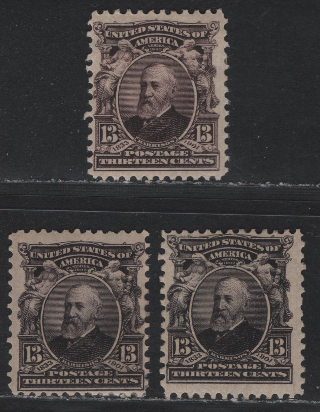 Lot 49 United States SC#308 13c Purple Black, Violet Black & Brown Violet , 1902-1903 2nd Bureau Issue, 3 F/VFOG Singles, Reversed Wmk