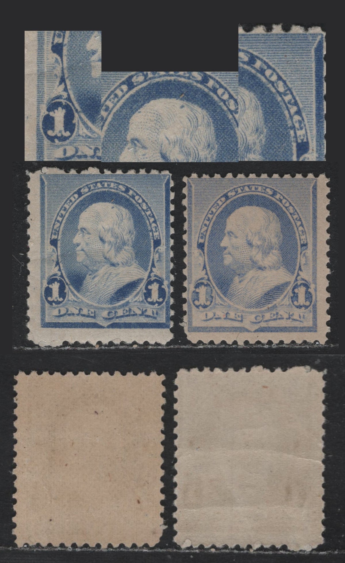 Lot 1 United States (C)SC#219 1c Dull Blue & Ultramarine, 1890-1893 Small Banknote Issue, 2 VG/FOG Singles, Dull Blue Shows Multiple Misplaced Entreis Around Center Portrait Frame, In The Hair As Well As Left 1, The Ultramarine Stamp Is Fine And Sound.