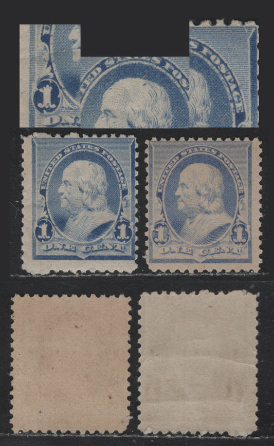 Lot 1 United States (C)SC#219 1c Dull Blue & Ultramarine, 1890-1893 Small Banknote Issue, 2 VG/FOG Singles, Dull Blue Shows Multiple Misplaced Entreis Around Center Portrait Frame, In The Hair As Well As Left 1, The Ultramarine Stamp Is Fine And Sound.