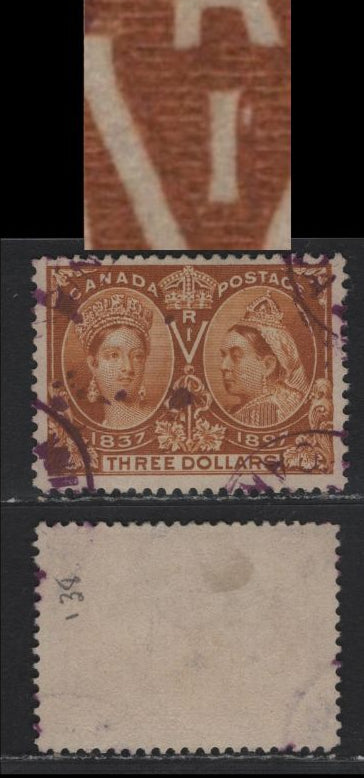 Lot 189 Canada #63var $3 Brown Ochre , 1897 Diamond Jubilee Issue, A Very Fine Used Single, ABN-QQQQ Paper, Perf 12x11.75, Showing Distorted P For I In RIV.