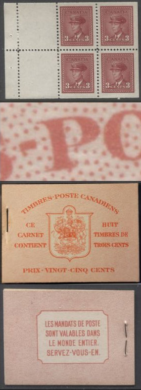 Lot 276 Canada #BK34aFIIn 1942-1947 War Issue, A Complete 25c French Booklet, 2 Panes Of 4+2 Labels 3c Dark Carmine, Front Cover IIn, Type 1B Cover, 6c Rate Page, CBN-LLL Paper/Gum, 12mm Staple, Dark Cover