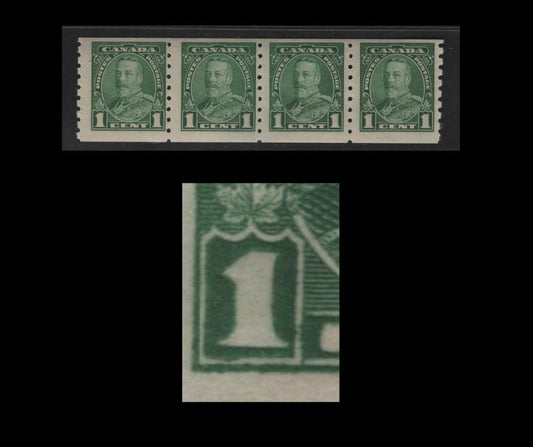 Lot 364 Canada #228iii 1c Green King George V, 1935-1937 Dated Die Issue Airmail, A Fine NH Coil Strip of 4 On Paper CBN-BBBB, Showing Narrow 1 Variety
