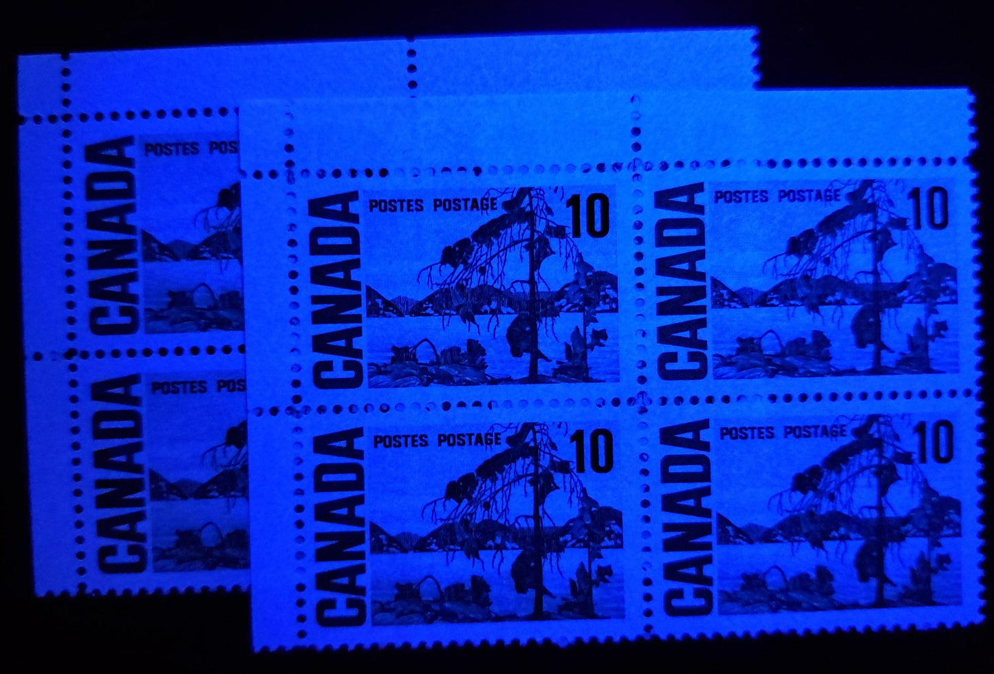 Canada #462iii 10c Yellowish Green Jack Pine, 1967-1973 Centennial High Values, A VFNH UL Field Stock Block Of 4 On Very White HB12 Paper That Shows Vertical Ribbing On Gum, Black Ink Under UV & Spotty White Gum With A Satin Sheen