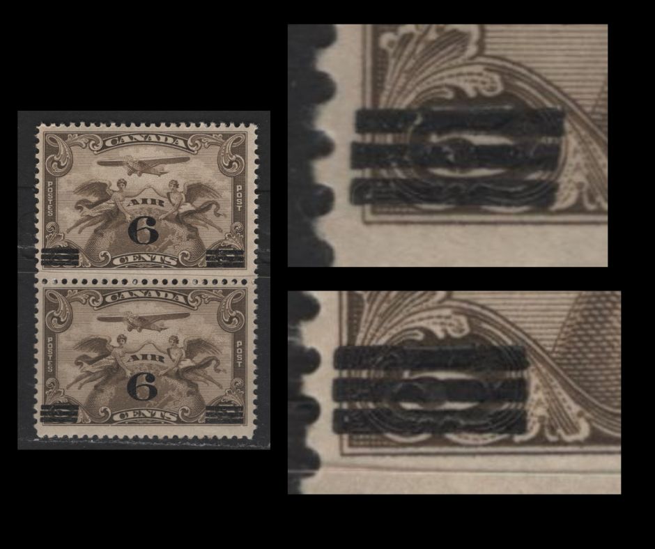 Lot 358 Canada #C3var 6c on 5c Olive Brown Winged Figures & Globe, 1932 Surcharged Airmail Issues, A Fine NH Vertical Pair Lower Stamp With Surcharge Bars Cut Off At An Angle