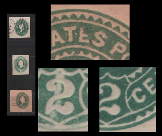 Lot 456 United States Of America #U311var, U313var 2c 1887-1894 Plimpton Issue, 3 Fine Used Singles Die 2 On White & Oriental  Buff Papers,  Missing Top Bar In "E", Line Joining Value Tablet To "C" Of Cents & White Line Through "2"