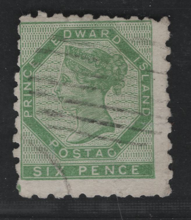 Lot 1 Prince Edward Island #3 6d Yellow Green Queen Victoria, 1861 Pence Issue, A Good Used Single Scarce Stamp, Small Sealed Tear