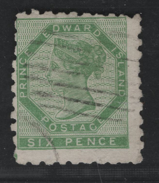 Lot 1 Prince Edward Island #3 6d Yellow Green Queen Victoria, 1861 Pence Issue, A Good Used Single Scarce Stamp, Small Sealed Tear