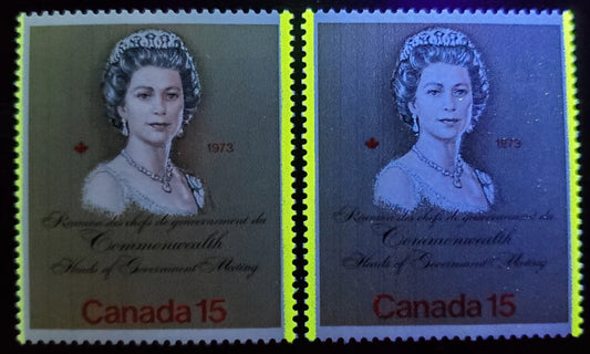 Canada #621iivar 15c Multicolored Queen Elizabeth II, 1973 Royal Visit Issue, 2 VFNH Singles With 2mm Tagging At Sides, On F/F & F/MF Paper