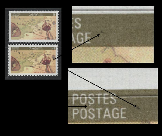 Canada #1406var , 1992 Canada '92 Issue, 2 VFNH Singles Showing  Black Spot To Right Of Postage, With & Without White Dot Below "S" Of "Postes", Pos. 17, Possibly Constant Or Tertiary, NF/DF2 Harrison Paper, Smooth & Spotty PVA Gums