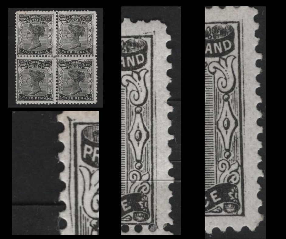 Lot 15 Prince Edward Island #9 4d Black Queen Victoria, 1868 Pence Issue, A Fine OG Block of 4 Showing Extra Outer Framelines On 3 Stamps