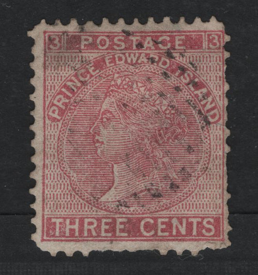 Lot 16 Prince Edward Island #13 3c Lilac Rose Queen Victoria, 1872-1873 Cents Issue, A Fair Used Single A Scarce Stamp Used, Several Pulled Perfs & Small Tear