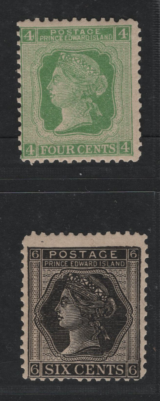 Lot 17 Prince Edward Island #14, 15 4c, 6c Yellow Green & Black Queen Victoria, 1872-1873 Cents Issue, 2 Fine OG Singles Perf. 12